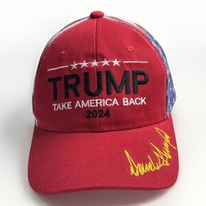 Trump 2024 “Take America Back” Mesh Trucker Hat – Red with Gold Signature